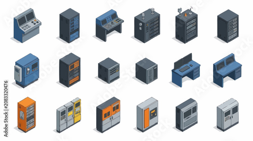 Isometric collection of office and industrial equipment icons.