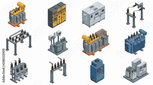 Photos Isometric collection of industrial electrical transformers and components