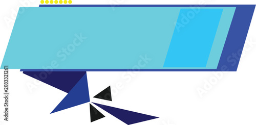 Photos A graphic illustration of a blue abstract object with dark blue and black triangular shapes flying upward on a white background with yellow accents