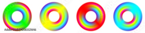 Set of vibrant neon rainbow torus rings isolated on transparent background. Collection of four colorful blurry glowing halo circles with retro Y2K acid design aesthetic. Ready to use PNG