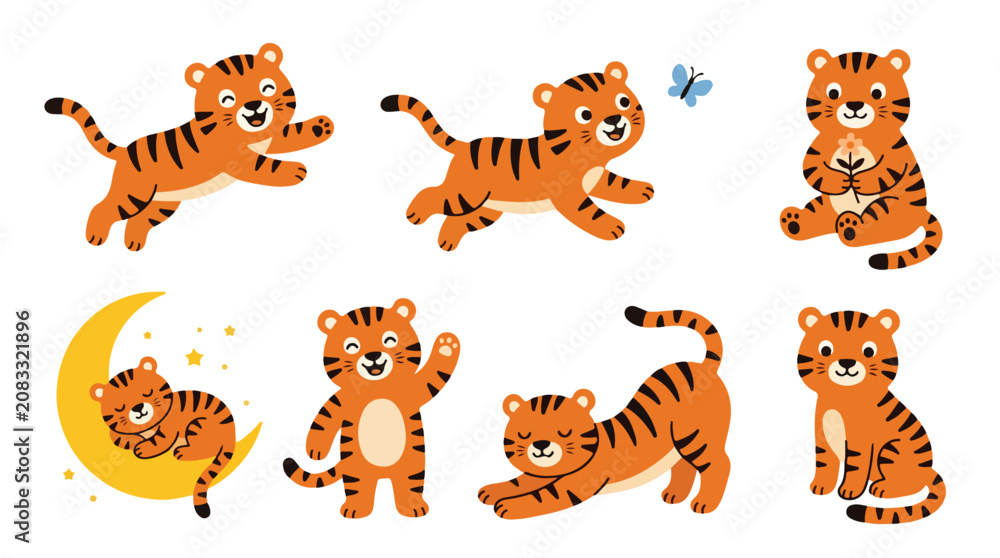 Obraz premium Collection of eight cartoon tiger illustrations in various playful poses on a white background with a crescent moon.