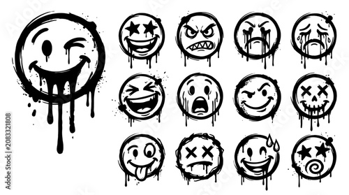Set of various graffiti style smiley face icons with dripping paint effect.