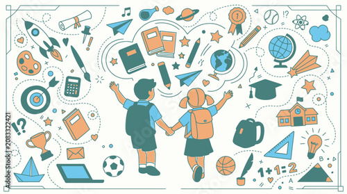 Ilustração vetorial de crianças estudantes de mãos dadas cercadas por ícones escolares desenhados à mão, incluindo foguete, livros, globo, calculadora e materiais de arte em estilo doodle.