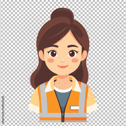Cartoon woman in orange safety vest on transparent background for design projects