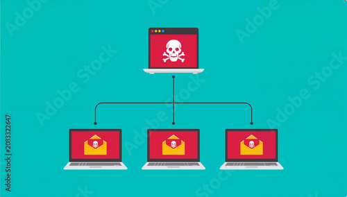 Network cyber attack concept with infected computers spreading malware via email