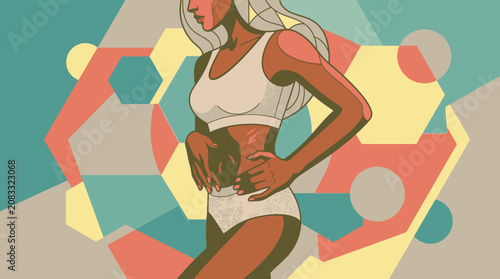 Stilisierte Illustration einer Frau in Unterwäsche, die sich den Bauch hält, vor einem abstrakten Hintergrund mit geometrischen Formen in Pastellfarben und flachen Designelementen.