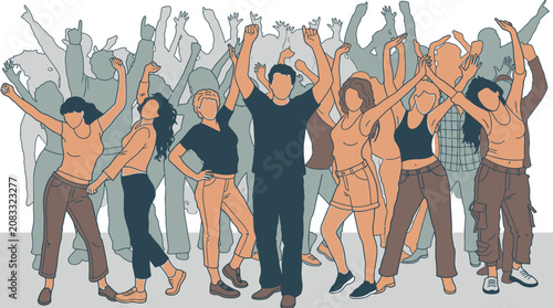 Ilustración vectorial de una multitud diversa de jóvenes bailando y celebrando con entusiasmo en un evento social, capturando energía positiva y unidad en un estilo gráfico moderno y minimalista.