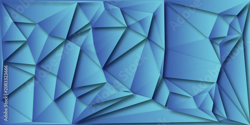 Geometric low poly background with sharp blue and cyan triangles and deep shadows creating a faceted effect
