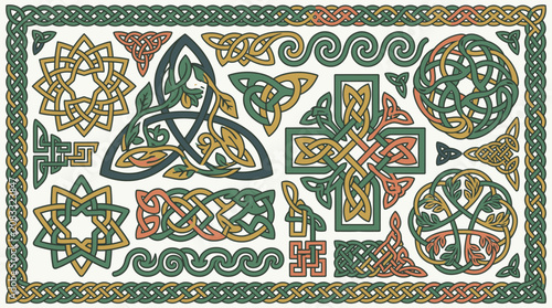 Ensemble d'éléments graphiques décoratifs avec des motifs de nœuds celtiques complexes, des entrelacs traditionnels, des croix et des symboles géométriques isolés sur un fond blanc