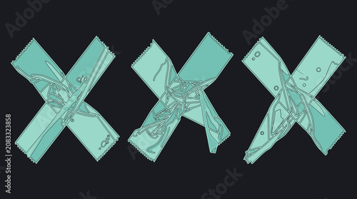 Três símbolos de letra X estilizados em tom verde menta sobre um fundo preto sólido, apresentando um design gráfico moderno com texturas internas abstratas e contornos nítidos.
