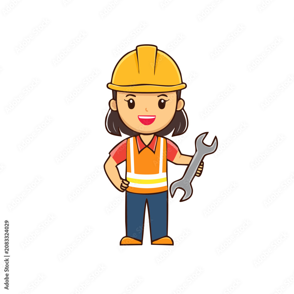Fototapeta premium Flat vector illustration of construction worker with toolbox