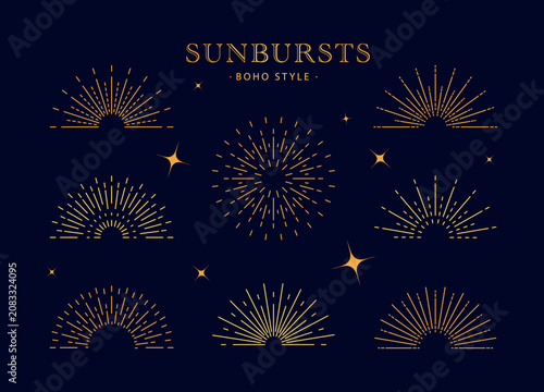 Set of boho sunbursts and radiant rays in gold line art style. Vector illustration of vintage celestial elements, isolated elements for logo design, branding, esoteric, mystical, decor and tattoos
