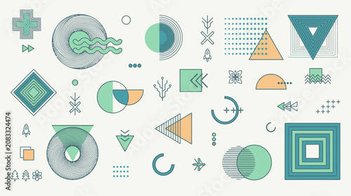 Abstrakte geometrische Formen und Symbole in einem modernen flachen Design-Stil mit einer Palette aus sanftem Grün, Blau und Beige auf einem hellen, neutralen Hintergrund.