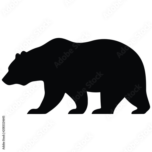 Bear silhouette illustration, powerful wild animal symbol, black and white vector art.