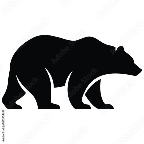 Bear silhouette illustration, powerful wild animal symbol, black and white vector art.