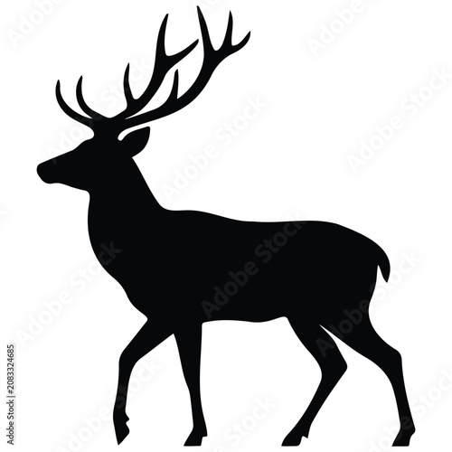 Deer silhouette vector illustration walking stag with antlers isolated on white background.