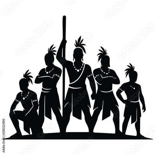 Group of indigenous warriors with spear vector illustration isolated silhouette design.
