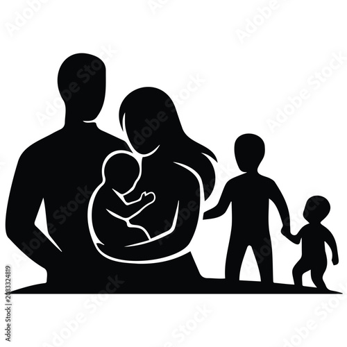 Happy nuclear family vector silhouette illustration with parents and young children.