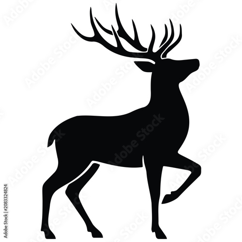 Majestic deer silhouette illustration, symbol of wild nature and grace, black and white vector.