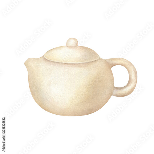 Beige ceramic teapot for tea ceremony watercolor illustration on isolated background. Hand painted kitchen utensil for hot drink. Traditional clay drinkware for Japanese and Chinese tea culture.