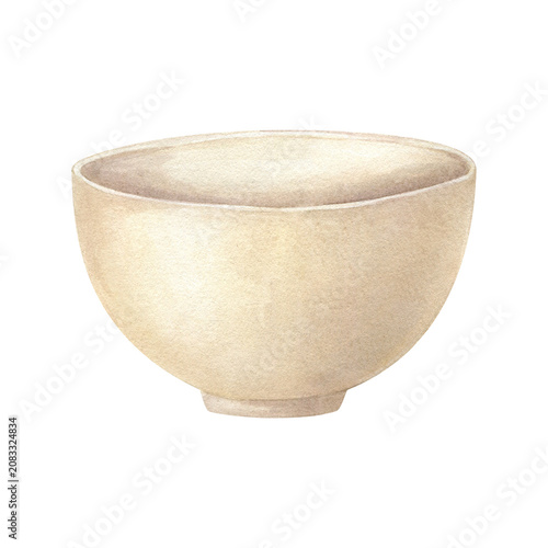 Empty beige matcha bowl watercolor illustration on isolated background. Beige ceramic chawan. Handmade kitchenware for serving food, Japanese tea ceremony, kitchen and home decor, wellness and spa.