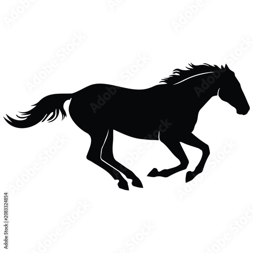 Running horse silhouette illustration, symbol of speed and freedom, black and white vector.