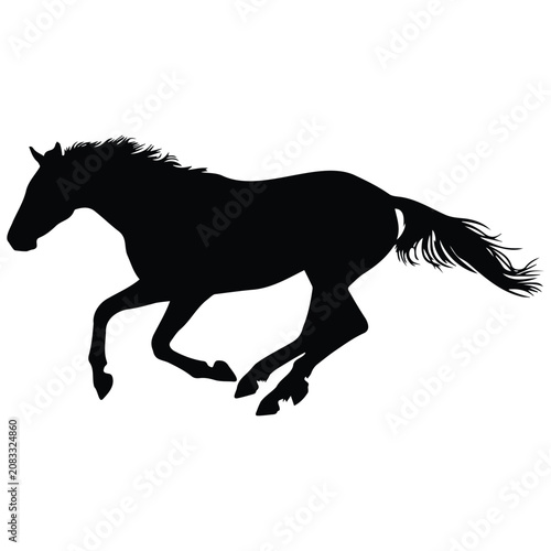 Running horse silhouette illustration, symbol of speed and freedom, black and white vector.