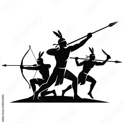Three indigenous warriors with bows and spears vector illustration silhouette set design.