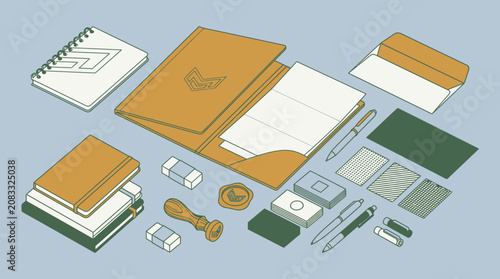 Conjunto de papelería corporativa con diseño isométrico que incluye carpetas, cuadernos, tarjetas de visita, bolígrafos y sellos sobre un fondo azul claro para identidad de marca.