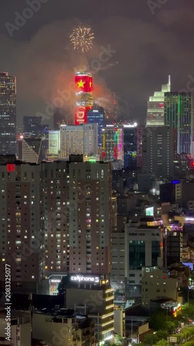 Ho Chi Minh City, Vietnam July 2, 2026 4k video of epic fire work for The 50th anniversary celebration of the day the city of Saigon - Gia Dinh was officially and honorably renamed Ho Chi Minh City
