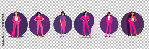 Quadro su tela Six confident businesswomen in pink and purple outfits standing in front of purp