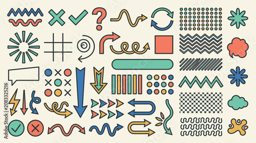Eine Sammlung von handgezeichneten Doodle-Elementen, Pfeilen, geometrischen Formen und dekorativen Mustern im Retro-Stil für kreative Designprojekte und Illustrationen.
