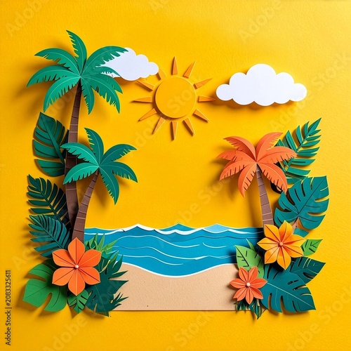 Paper cut summer beach background with palm tree, sun, and tropical leaves on yellow background