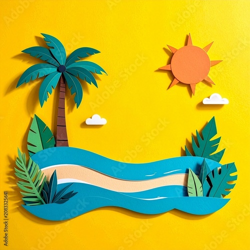 Paper cut summer beach background with palm tree, sun, and tropical leaves on yellow background