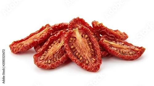 Sun Dried Tomato Slices Isolated on White Background, Healthy Mediterranean Ingredient