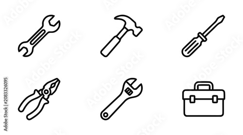 A set of tools and a toolbox with a wrench, hammer, screwdriver, pliers, adjustable wrench, and briefcase icons.