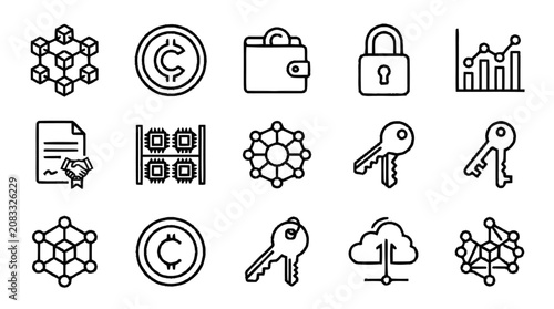 Tableau sur toile A collection of various business and finance icons depicting security, data, and