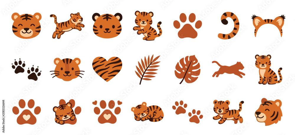 Fototapeta premium A collection of orange tiger icons and symbols on a white background including animals and leaves.