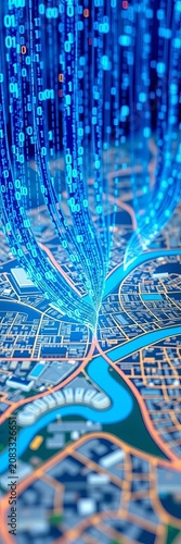 Floating blue binary digits flow across map module with city layout, graphical, ||cityscape