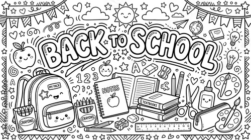 Colorful illustration of Back to School supplies and objects