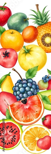 Fresh watercolor painted design elements featuring a collection of hand drawn fresh fruit isolated on white background, fruit, colorful