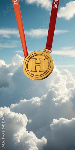 Golden medal suspended above fluffy white clouds, symbolizing triumph and accomplishment, proud, pride