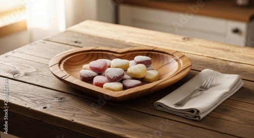 Heart shaped wooden bowl with colorful candies on table.
