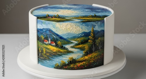 Round cake decorated with hand-painted landscape frosting art.