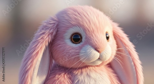 Detailed close-up portrait of soft pink plush bunny rabbit.