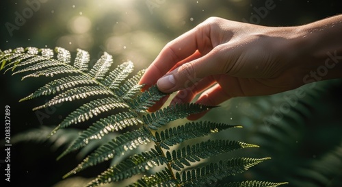 Human hand gently touching a green fern frond.