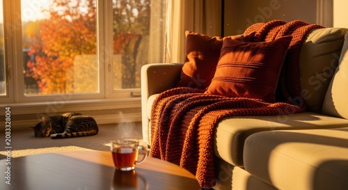 Cozy living room interior with warm sunlight and blanket.