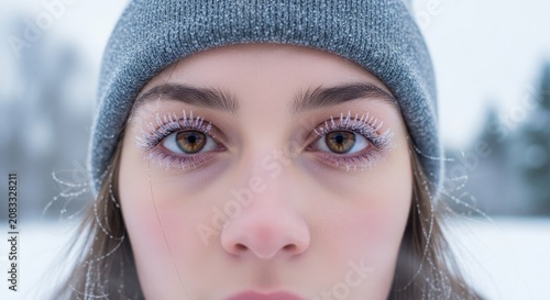 Close up of woman with frost on eyelashes in winter.