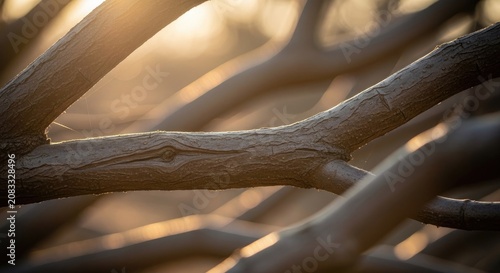 Macro close up of intertwined tree branches in warm light.