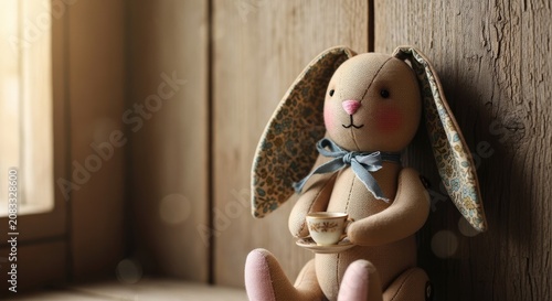 Vintage stuffed bunny toy sitting against a rustic wooden wall.